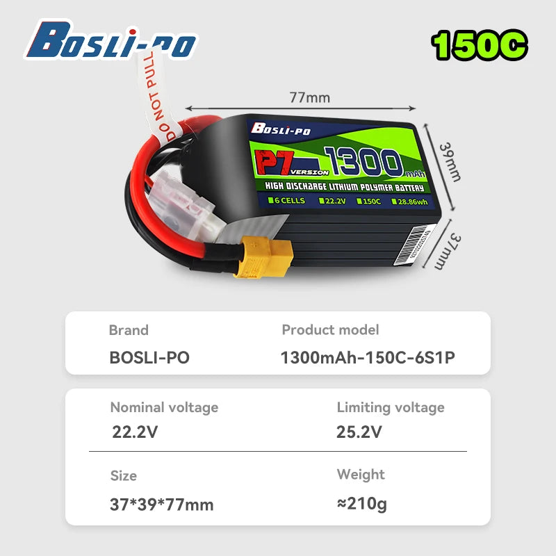 Boslipo P7 1300mAh 150C Lipo Battery 4S 6S 8S FPV Battery for Racing Freestyle RC Drones