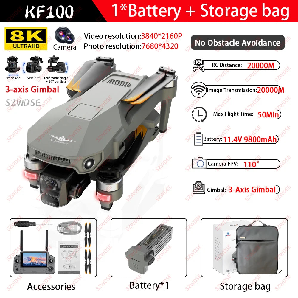 5.5 inch KF100 MAX/KF100 Large Screen RC Profesional GPS Drone With 8K Camera 3-axis Gimbal Brushless For Fishing Dron VS P7 MAX