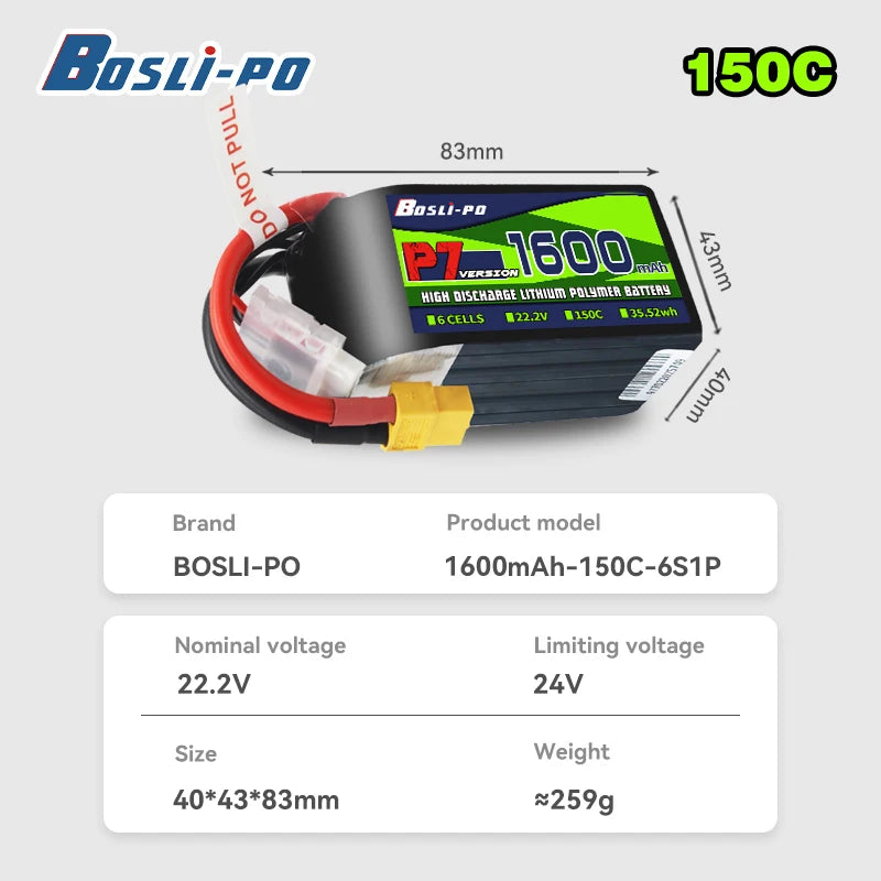 Boslipo P7 1600mAh 150C Lipo Battery 4S 6S FPV Battery XT60 Plug for Racing Freestyle RC Drones