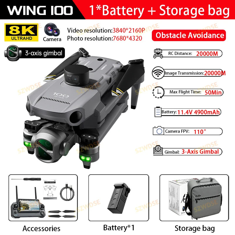 2026 New Wing 100 GPS Drone 8K Camera Three Axis Gimbal With Screen Brushless Obstacle Avoidance Foldable Quadcopter Dron RC Toy