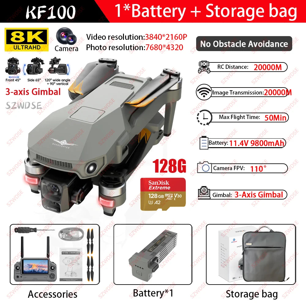 5.5 inch KF100 MAX/KF100 Large Screen RC Profesional GPS Drone With 8K Camera 3-axis Gimbal Brushless For Fishing Dron VS P7 MAX