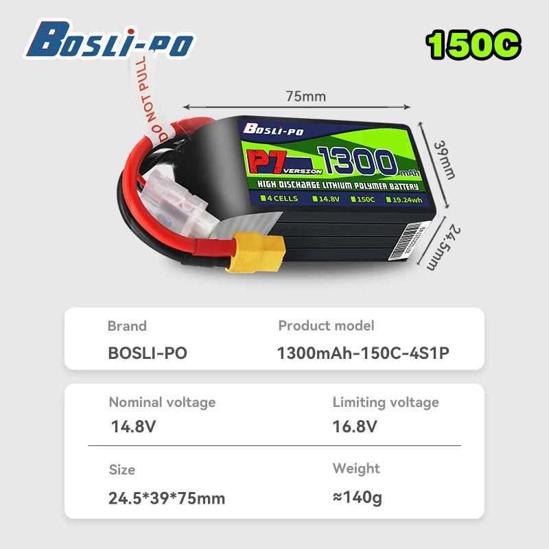 Boslipo P7 1300mAh 150C Lipo Battery 4S 6S 8S FPV Battery for Racing Freestyle RC Drones