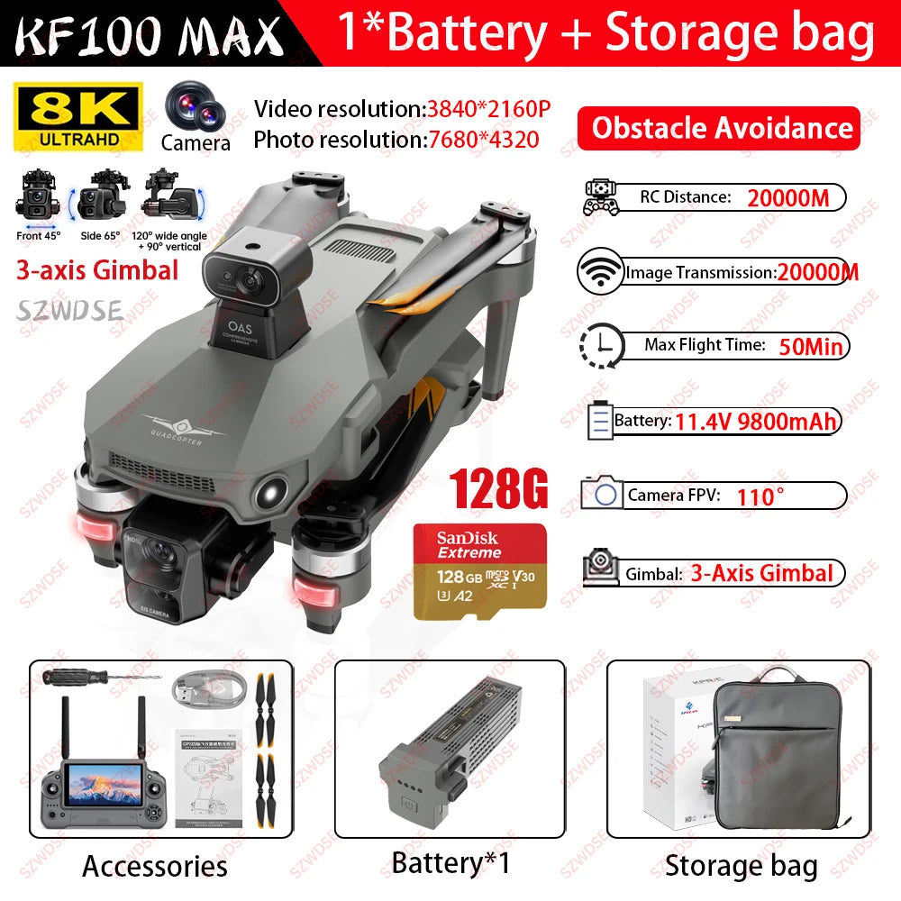 5.5 inch KF100 MAX/KF100 Large Screen RC Profesional GPS Drone With 8K Camera 3-axis Gimbal Brushless For Fishing Dron VS P7 MAX
