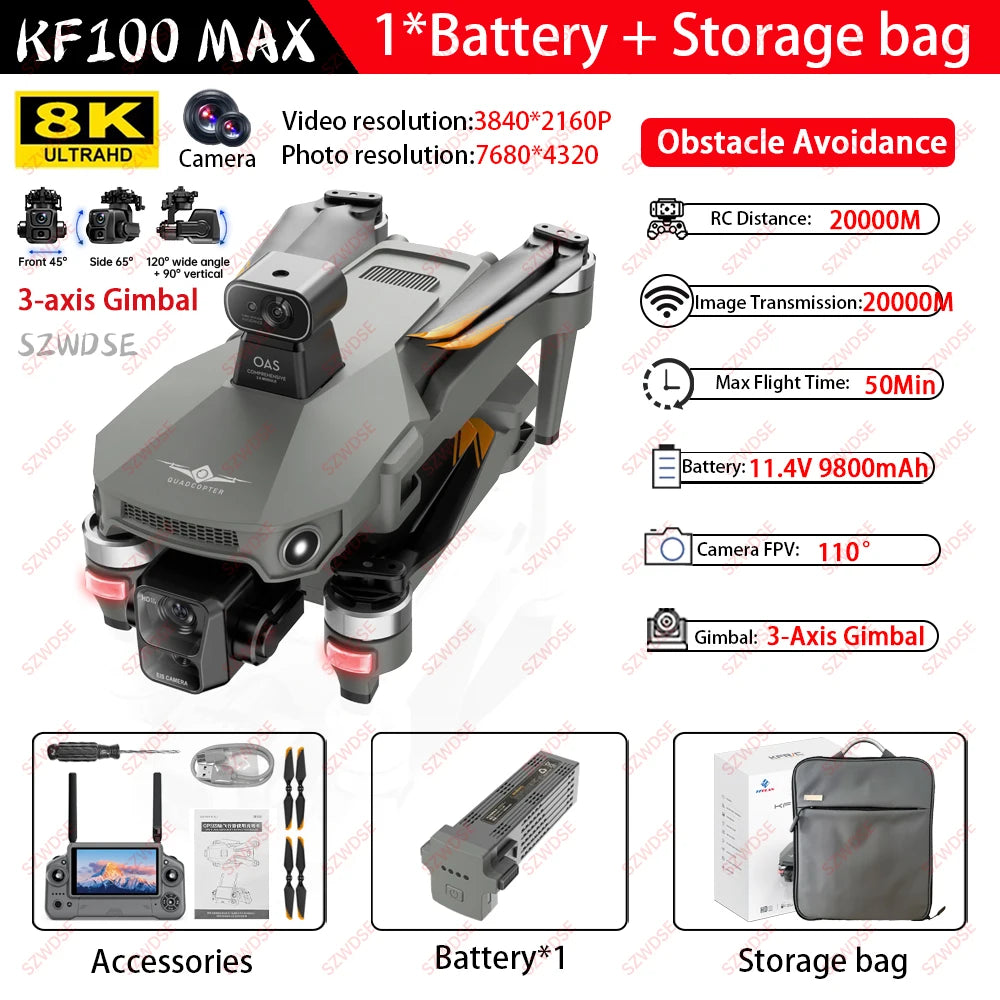 5.5 inch KF100 MAX/KF100 Large Screen RC Profesional GPS Drone With 8K Camera 3-axis Gimbal Brushless For Fishing Dron VS P7 MAX